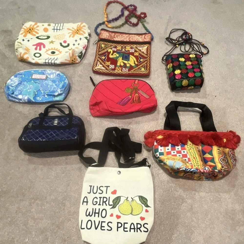 Lot of 7 Multicolor Zippered Makeup Bags Cosmetic Pouches, Zipper Closure